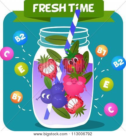 Illustration with funny characters.  Funny food. time fresh. Healthy foods. Children's illustration.