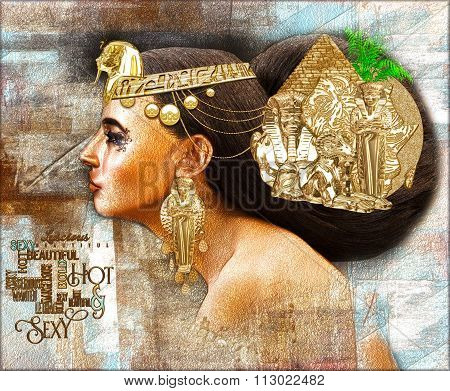 3D render of Egyptian woman, beautiful fantasy digital art scene with pyramid, sphinx, uraeus exuding the beauty,wealth and uniqueness of Egypt!