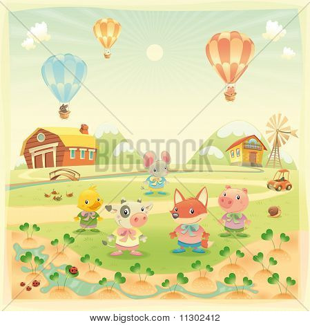 Animales de la granja del bebé en el campo.