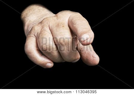 One senior hand on a black background