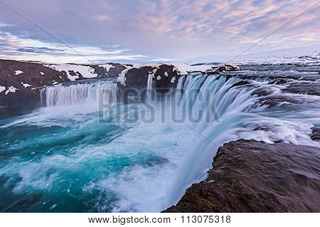 Close Up Powerful Godafoss Falls In Sunet.