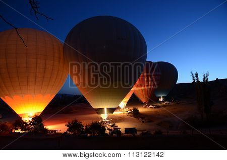 Hot-air balloons preparing for takeoff at Cappadocia Turkey