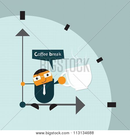 cartoon businessman relaxing sitting on hand clock. take a break time