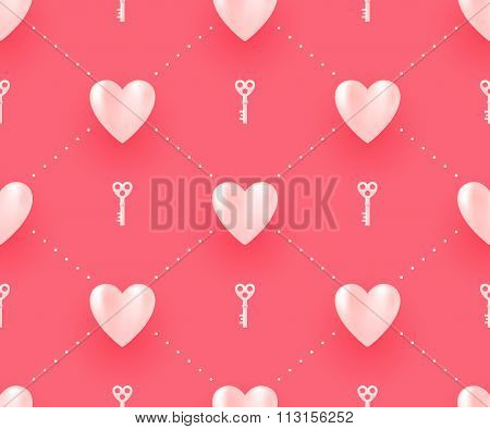 Seamless Pattern With White Hearts And Keys On A Red Background For Valentine's Day