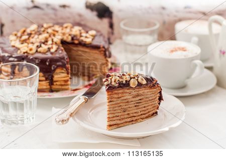 A Slice Of Chocolate, Hazelnut And Cottage Cheese Crepe Cake