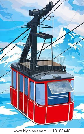 Red cableway in high mountains at winter season.