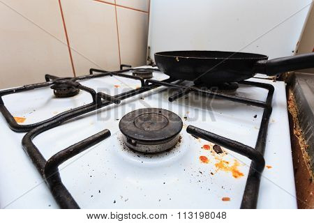 Dirty Grubby Gas Stove In Kitchen