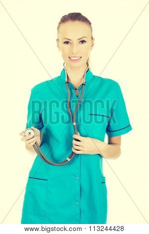 Beautiful smiling caucasian woman doctor with stethoscope.