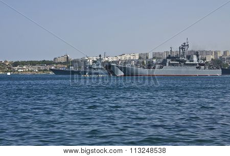 Russian military ships on navy parade in town Sevastopol in region Crimea on Black sea.