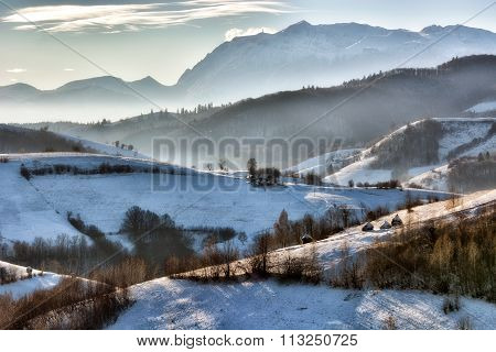 Frozen Sunny Day Of A Winter, On Wild Transylvania Hills. Holbav. Romania. Low Key, Dark Background,