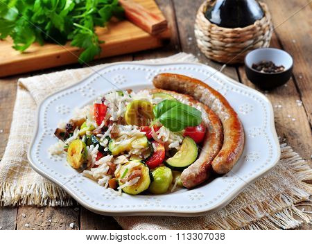 Fried rice with Brussels sprouts, mushrooms, zucchini, garlic, cherry tomatoes, basil, parsley and c