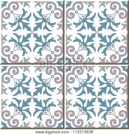 Vintage seamless wall tiles of spiral plant flower. Moroccan, Portuguese.