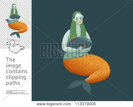 The illustration of the mermaid holding a fish.  A part of Dodo collection - a set of educational cards for children. The image has clipping paths and you can cut the image from the background. 