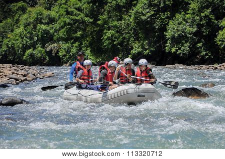 Kiulu Sabah Malaysia - October 22, 2011.Group of adventurer enjoying water rafting activity at Kiulu
