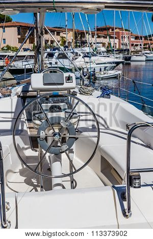 Helm Of The Modern White Yacht-port Grimaud-france