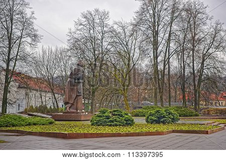 Statue of Poet Adam Mickiewicz in the Old City of Vilnius in Lithuania in winter