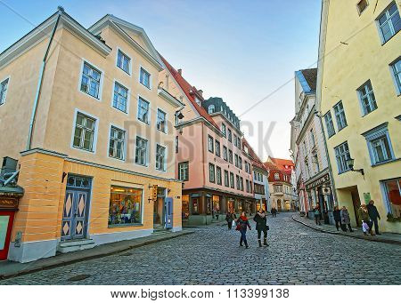 TALLINN ESTONIA - DECEMBER 28 2011: View of Pikk Street in the Old City of Tallinn in Estonia in the evening
