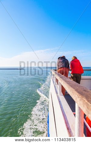 DOVER, ENGLAND - JULY 10, 2015: on a DFDS ferry from Dover to Dunkerque with unidentified people. DFDS is Northern Europes largest shipping and logistics company. It was founded in 1866