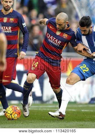 BARCELONA - JAN, 2: Javier Mascherano of FC Barcelona during a Spanish League match against RCD Espanyol at the Power8 stadium on January 2, 2016 in Barcelona, Spain