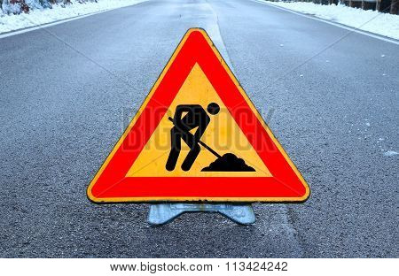 Triangle Road Sign Work In Progress In The Road