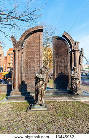 HANOVER, GERMANY - DECEMBER 03, 2015: bronze monument Goettinger Sieben. It shall remember for 7 professors who protested 1837 against the abolition of the constitution of the Kingdom of Hanover