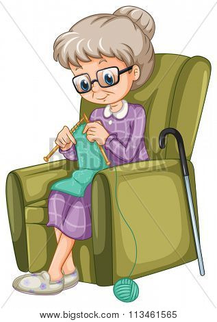 Old lady knitting on the chair illustration