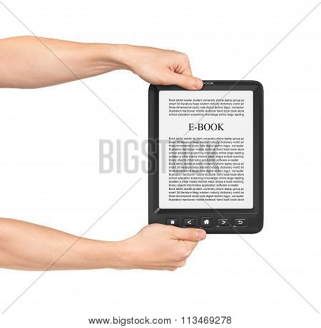 Two Hands Holding Board On E-book Reader On A White Background.