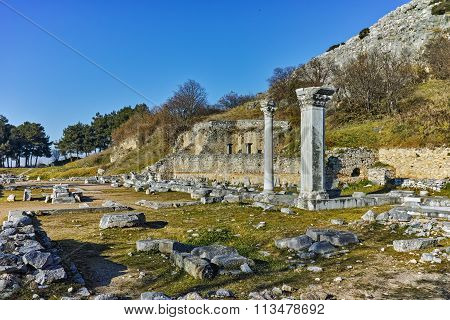 Ancient columns in the archeological area of Philippi, Eastern Macedonia and Thrace