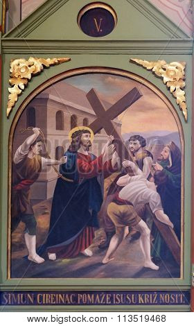 STITAR, CROATIA - AUGUST 27: 5th Stations of the Cross, Simon of Cyrene carries, church of Saint Matthew in Stitar, Croatia on August 27, 2015