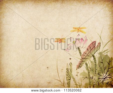 Chinese painting of a Lotus on old Paper Background