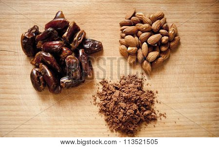 healthy ingredients - almonds, dates, cocoa