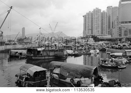 HONG KONG - JUNE 01, 2015: view of Causeway Bay Typhoon Shelter. Causeway Bay Typhoon Shelter was the first typhoon shelter in Hong Kong