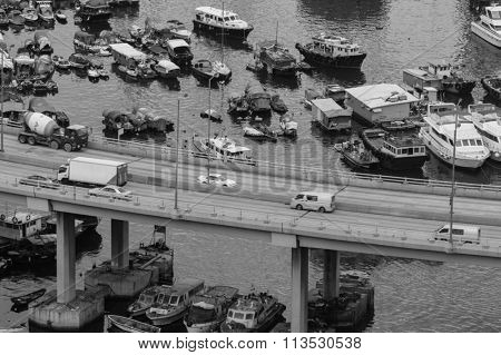 HONG KONG - JUNE 01, 2015: view of Causeway Bay Typhoon Shelter. Causeway Bay Typhoon Shelter was the first typhoon shelter in Hong Kong