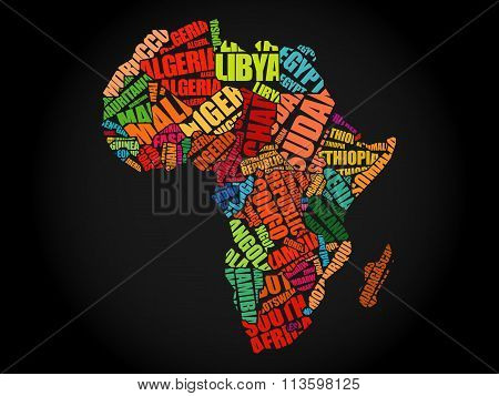 African countries Map in Typography word cloud