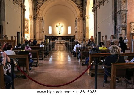 RIMINI ITALY - NOVEMBER 03 2013: Interior of the Church Tempio Malatestiana (Malatesta Temple). Built in 1450 and is the central temple of the Italian city of Rimini