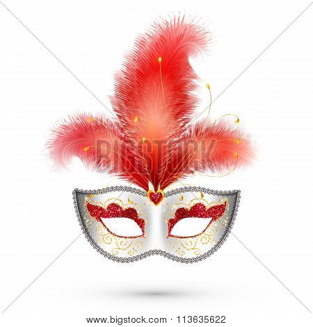 Silver carnival mask with red glitter decoration and realistic feathers