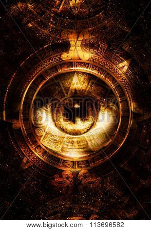 Ancient Mayan Calendar and woman eye,  abstract color Background, computer collage. Eye in circle li