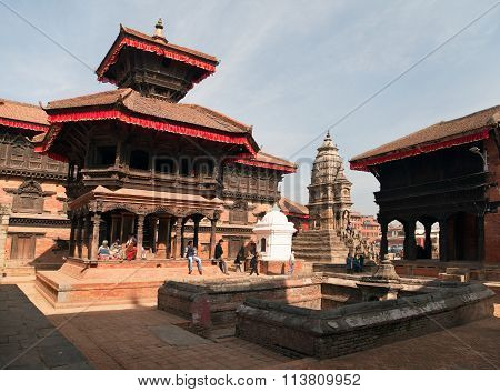 Temples Of Durbar Square With People In Bhaktapur