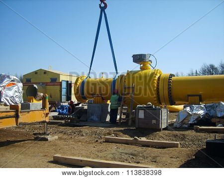 Russia, Sakhalin - November 15, 2014: Platform of construction of pipelines. Booster pump station.