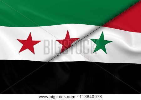 Syrian Crisis Concept Image - Flags Of The Syrian Opposition And The Syrian Government Divided Diago