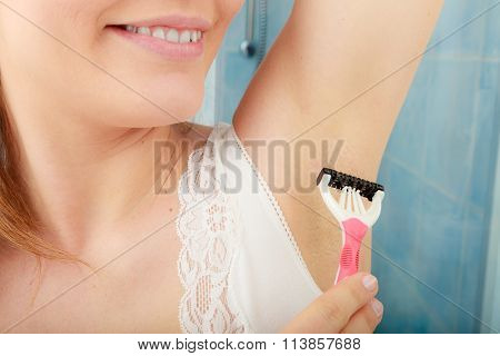 Woman Shaving Armpit With Razor Shaver. Hygiene.