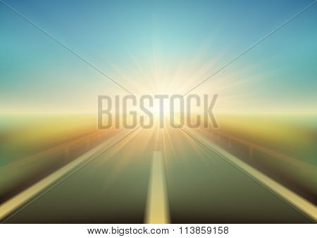 Blurred  road and blue motion blurred sky with clouds. Vector illustration