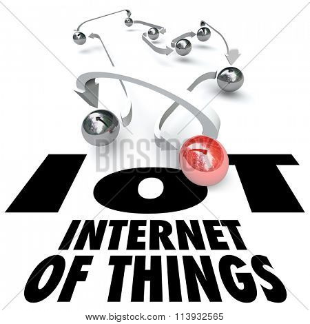 IOT Internet of Things words under a group of objects or balls connected by arrows, netowrk or technology