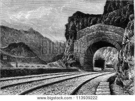 A Tunnel Railway Semmering, vintage engraved illustration. Magasin Pittoresque 1878.