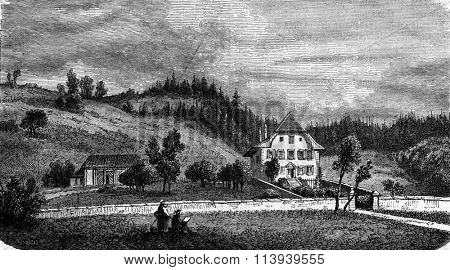The Presbytery of Jeremias Gotthelf in Lutzelfluh, vintage engraved illustration. Magasin Pittoresque 1876.
