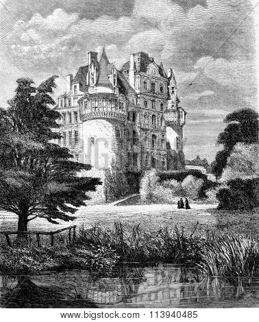 View from Castle Brissac, vintage engraved illustration. Magasin Pittoresque 1873.