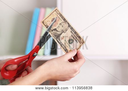 Hands with scissors cutting dollar banknote, on blurred interior background