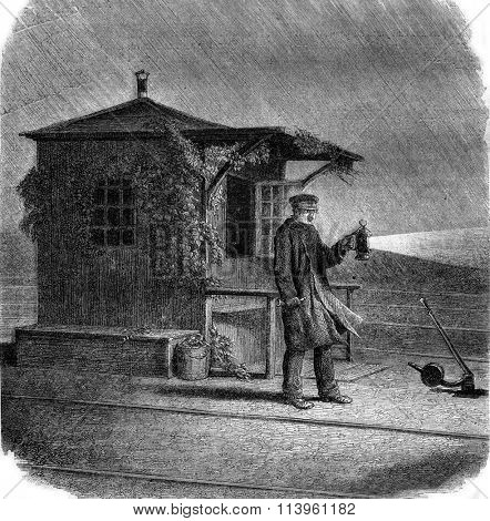 The Signalman, vintage engraved illustration. Magasin Pittoresque 1870.