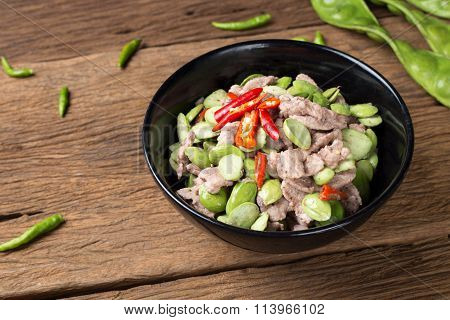Fired Parkia Speciosa Beans With Shrimp Paste And Pork (pad Sa Tor Ka Pi Moo) Traditional Thai Food