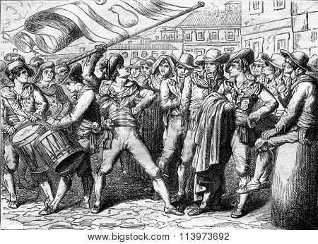 Meo Patacca and his army, vintage engraved illustration. Magasin Pittoresque 1857.